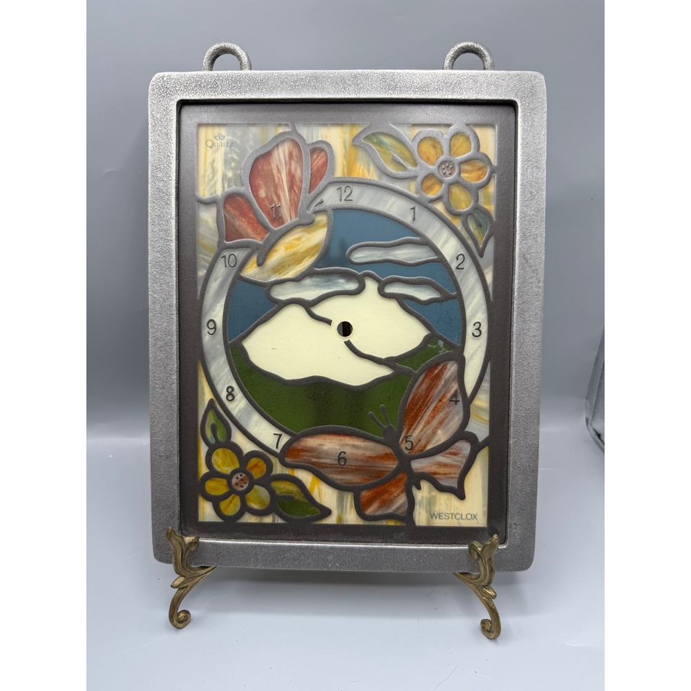 Vintage Westclox Stained Slag Glass Butterfly Wall Clock Face Pewter Frame DIY